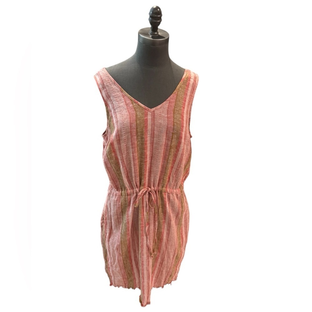 Drew Red Stripe Linen Midi Drawstring Dress Large